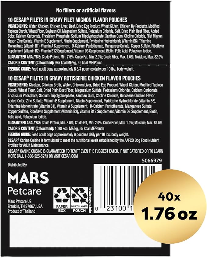 Cesar Filets in Gravy Wet Dog Food Filet Mignon Flavor and Rotisserie Chicken Flavor Variety Pack, 1.76 oz. Mini-Pouches, 20 Pack (Pack of 2)