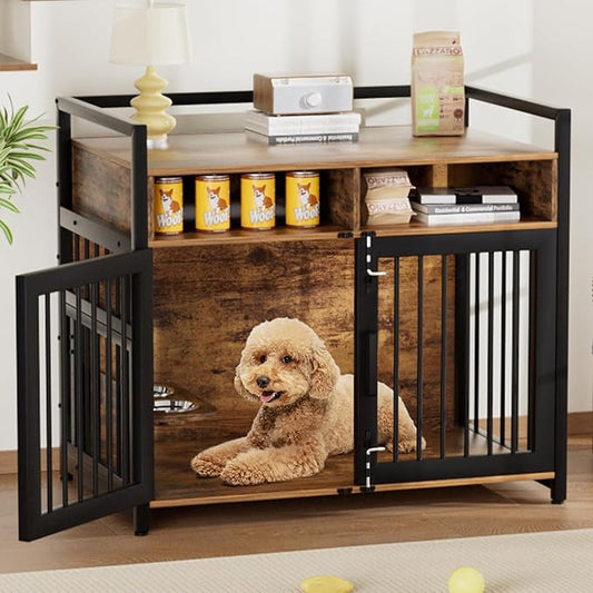 Dog Crate Furniture, Large Dog Cage with 2 Open Storage Shelves, 41 Inch Dog Kennel with Adjustable Raised Feeders, Indoor Heavy Duty Metal End Table Dog Crate for Large/Medium Dogs