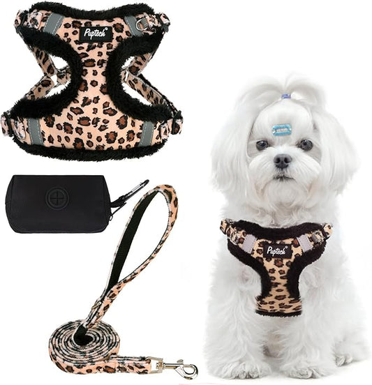 PUPTECK No Pull Dog Harness and Leash Set Reflective No Choke Step in Puppy Halter for XS Small and Medium Sized Dogs, Brown Leopard Print, Plush, XS