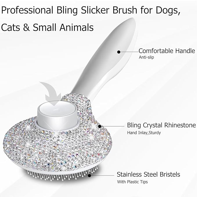 Bling Self Cleaning Slicker Brush for Dogs & Cats, Grooming Brushes for Long Short Haired Pets,Dog Brush for Shedding, Skin Friendly Deshedding Brush, Inlay Rhinestone Cat Brush,Rake, Comb