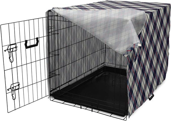 Lunarable Plaid Dog Crate Cover, Celtic Fashion Diagonal Retro Style Classical Irish Culture Inspiration, Easy to Use Pet Kennel Cover for Medium Large Dogs, 48 Inch, Night Blue Red Beige