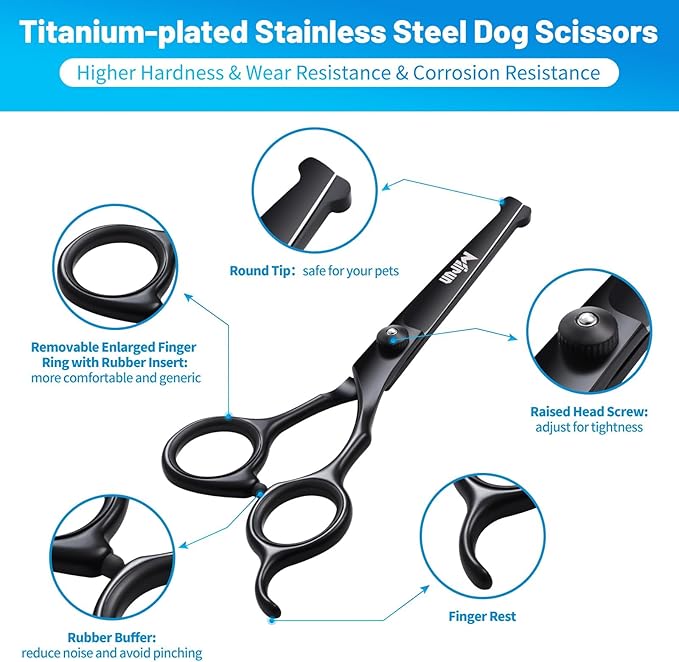 Dog Grooming Kit, 5-in-1 Titanium-plated Stainless Steel Dog Grooming Scissors, Dog Scissors for Grooming with Safety Round Tip, Dog Shears for Grooming & Cats, Sharp & Durable Cat Grooming Kit