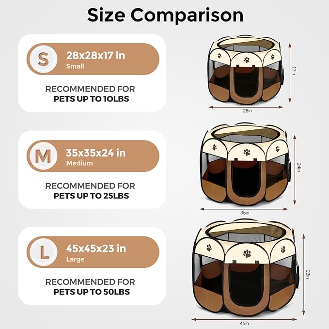 Pet Dog Puppy Playpen Dog Cat Tent Crates, Foldable Exercise Kennel Portable Playpen for Small Medium Dogs/Cats/Rabbits, Indoor Outdoor Travel Camping Use with Removable Zipper Top Brown