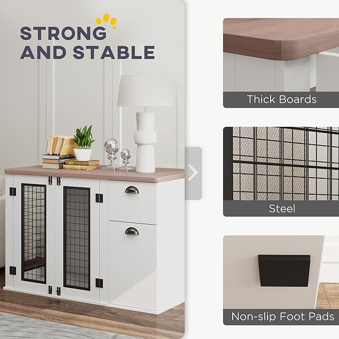 PawHut 44" Dog Crate End Table, Double Door Kennel With Storage Drawer, Indoor Furniture Style Cage for Medium Dogs, White