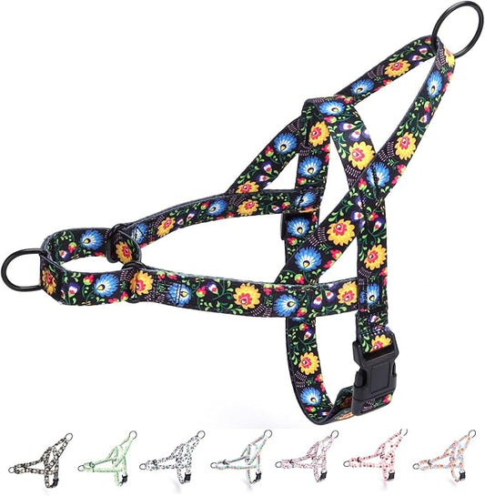 No Pull Dog Harness for Small, Medium, and Large Pets - Floral Pattern Nylon Safety Training Dog Harness (XS, Black)