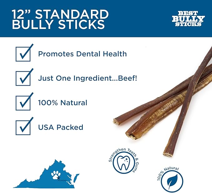 Best Bully Sticks 12 Inch All-Natural Bully Sticks for Dogs - 12” Fully Digestible, 100% Grass-Fed Beef, Grain and Rawhide Free | 25 Pack