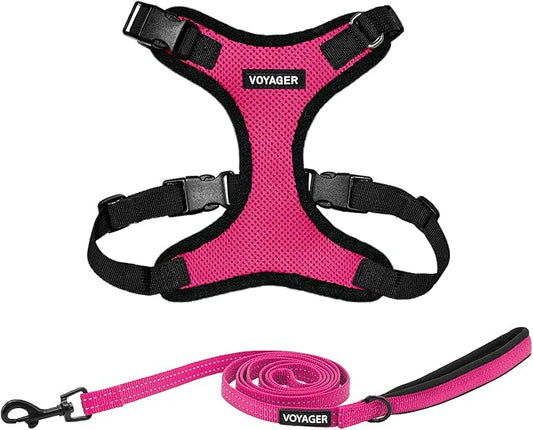 Voyager Step-in Lock Dog Harness w Reflective Dog Leash Combo Set with Neoprene Handle 5ft - Supports Small, Medium and Large Breed Puppies/Cats by Best Pet Supplies - Fuchsia/Black Trim, XL