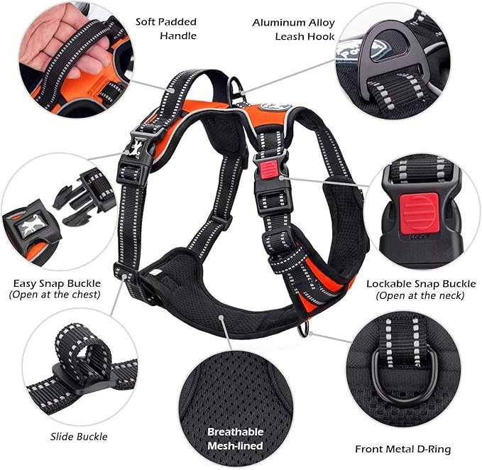 PoyPet No Pull Dog Harness, No Choke Front Clip Dog Reflective Harness, Adjustable Soft Padded Pet Vest with Easy Control Handle for Small to Large Dogs(Orange,S)