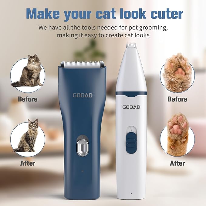 Goood Cat Clippers for Matted & Long Hair - Quiet, Cordless Grooming Kit with Paw Trimmer & Nail Grinder for Cats & Small Pets (Blue)