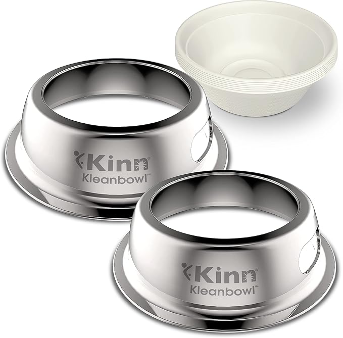Kinn Kleanbowl Pet Bowl Stainless Steel Frame with Compostable Refills, 16 oz (Pack of 2) – Spill-Proof Stable Disposable Pet Bowls for Easy Cleaning and Healthy Pets, No Plastic