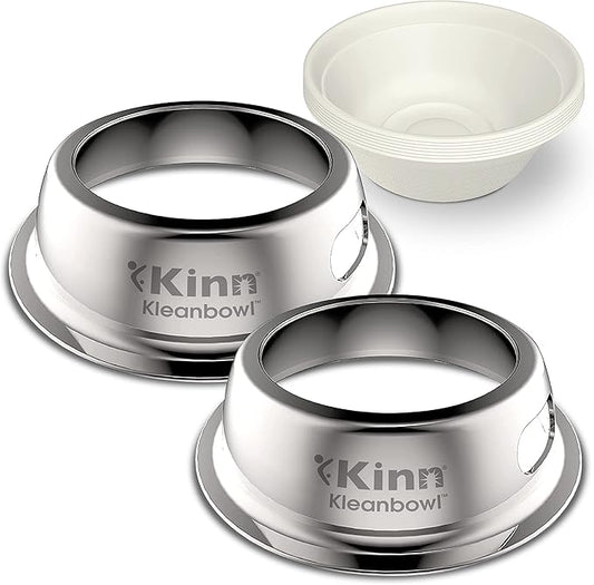 Kinn Kleanbowl Pet Bowl Stainless Steel Frame with Compostable Refills, 16 oz (Pack of 2) – Spill-Proof Stable Disposable Pet Bowls for Easy Cleaning and Healthy Pets, No Plastic