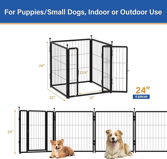 Dog Playpen for Indoor & Outdoor Use – Heavy-Duty Metal Pet Fence with Ground Stakes, Rounded Ball Tops for Safety, Stable & Foldable Design, Easy to Assemble 24 inch 4 Panels