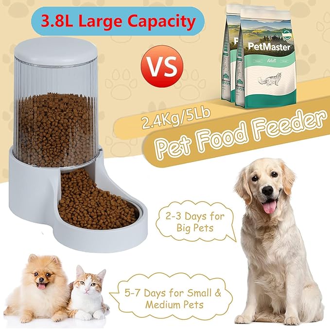 Automatic Cat Feeder - 3.8L Large Gravity Cat Food Dispenser with Detachable Top Lid, Visible Bottle and Stainless Steel Bowl for Dog and Pet (White)