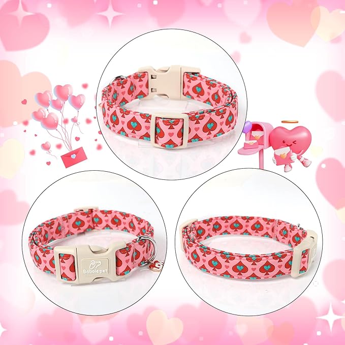 Valentine's Day Dog Collar - Cute Pink Valentines Dog Collar Girl Boy Durable Adjustable Spade Heart Pattern Charm Dog Collars for Small Medium Large Dogs L