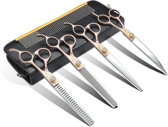 JASON Dog Grooming Scissors Kit, Professional 6 in 1 Dog Scissors Sharp Shears Set - 7.5" Thinning, Chunker, Straight, Curved Shears and Comb for Dog Cat Pet, Rosegold