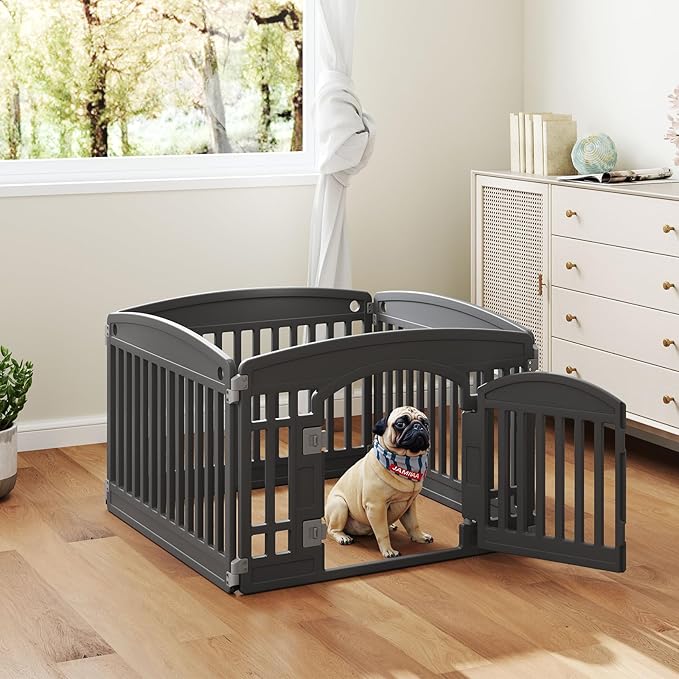 Plastic Dog Playpen | 4-Panel 24" Safe & Secure Indoor/Outdoor Pet Fence | Folding & Portable | Ideal for Small Dogs | Easy to Clean （Black）