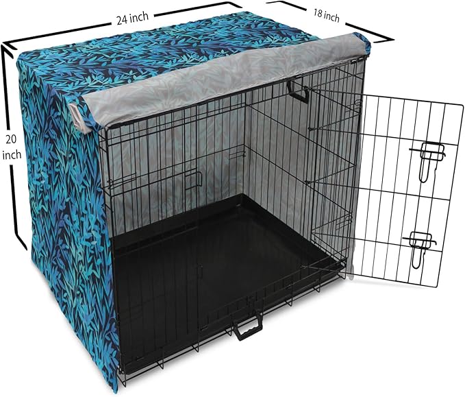Lunarable Leaf Print Dog Crate Cover, Watercolor Hawaiian Inspired Nature Exotic Silhouettes on Dark Back, Easy to Use Pet Kennel Cover for Medium Large Dogs, 24 Inch, Violet Blue Turquoise