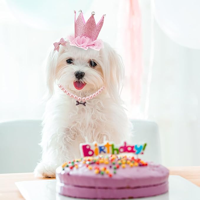 Dog Birthday Party Supplies Dog Birthday Outfit Pink Tutu for Dogs Dog Birthday Hat Necklace and Bowtie Hairpin for Dogs (24-31 inch Wrist)