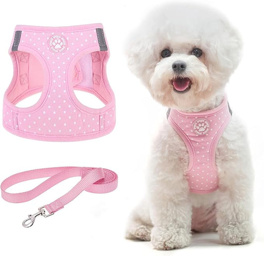 BINGPET Vest Harness for Puppy and Cat, No Pull Adjustable Reflective Step-in Puppy Harness Cute Pink Polka Dot Soft Dog Harness for Small and Medium Dogs