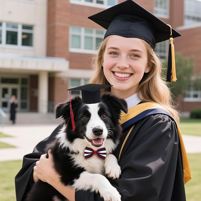 Pet Graduation Cap with Bowtie Collar Set, Small Dogs Cats Graduation Outfits Party Dress Costume Accessory (Striped Red)