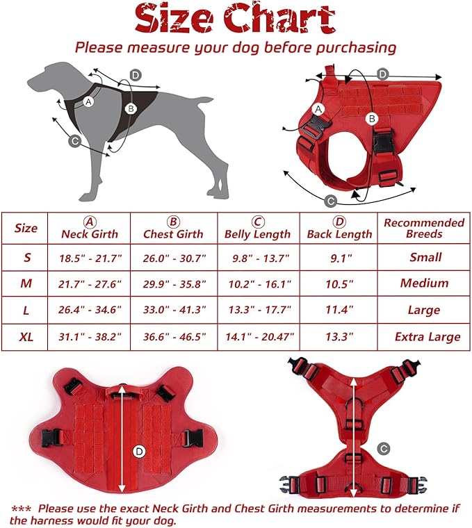 rabbitgoo Tactical Dog Harness for Large Dogs, Heavy Duty Dog Harness with Handle, No-Pull Service Dog Vest Large Breed, Adjustable Military Dog Vest Harness for Training Hunting Walking, Red, S