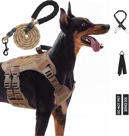 No Pull Tactical Dog Harness for Medium Dogs, Escape Proof Molle Dog Vest Harness and Leash Set, Adjustable Military Service Dog Harness with Handle for Medium Large Dogs(Brown,Medium)