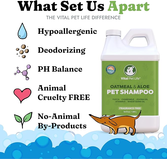 Dog Shampoo with Oatmeal, Aloe Vera, Chamomile, Jojoba Oil, Vitamin E - Natural Ingredients, Helps Allergies Dry Coats & Itchy Sensitive Skin, No Parabens or Artificial Dyes, 64 oz