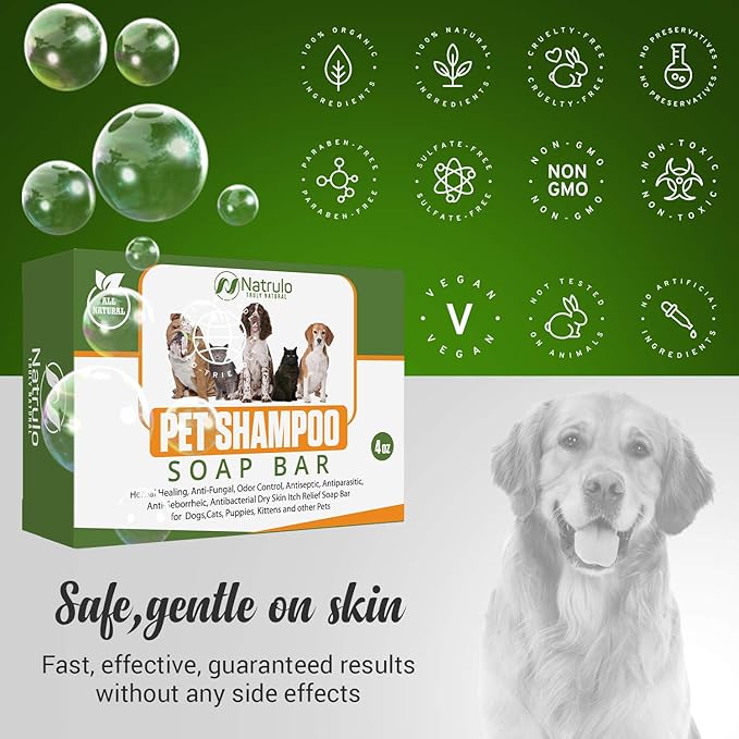 Natrulo All Natural Pet Shampoo Soap Bar for Dogs, Cats, Puppies – Herbal Healing Dry Skin Itch Relief, Odor Control Bar Soap for Pets – Gentle, Plant-Based, Easy-to-Use Pet Soap Bar Made in USA