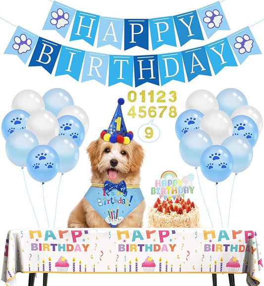 Niura Dog Birthday Party Supplies - Pet Hat, Bandana Scarf, Cute Bow Tie, Happy Birthday Banner, Paw Balloons, Numbers - Doggie Birthday Decorations for Small & Medium Dogs - Blue