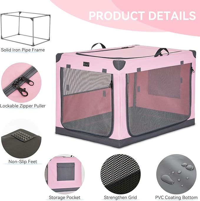 PETSFIT Soft Sided Dog Crate, with Patented Adjustable Fabric Cover, Chewproof & Lockable Mesh Doors, Waterproof Base Collapsible Kennel Pink 40 Inch