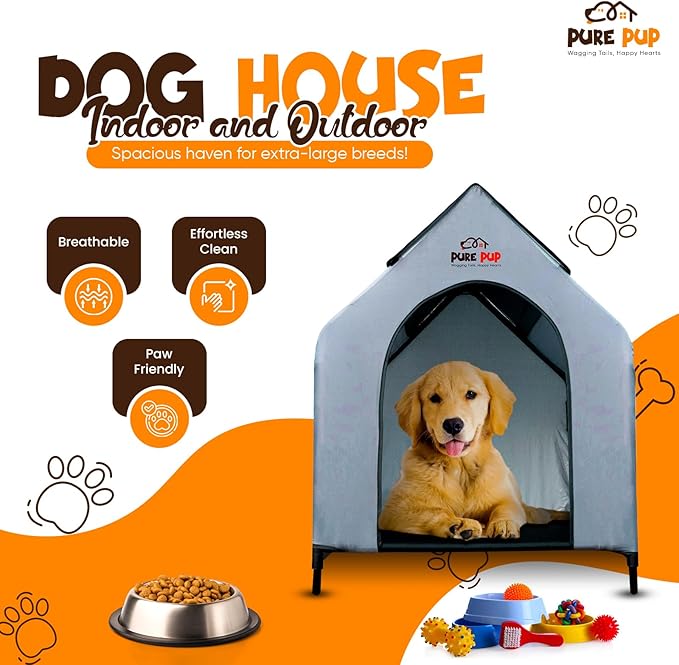 Outdoor Dog House with Elevated Bed, Weatherproof Canopy, Breathable Mesh Fabric with Windows – Ideal Shelter for Large Breeds