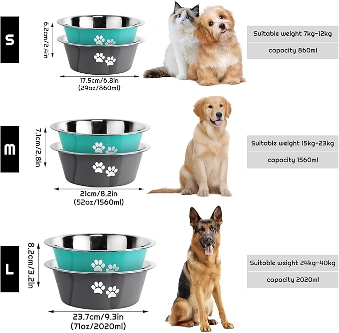 Stainless Steel Dog Bowls 2 Pack Medium Large Dogs Feeding Food Water Bowl with Non-Slip Silicone Sole, Stainless Steel Dog Dishes Elevated Raised Pet Feeder (Green+Grey, L(6.6 Cups))