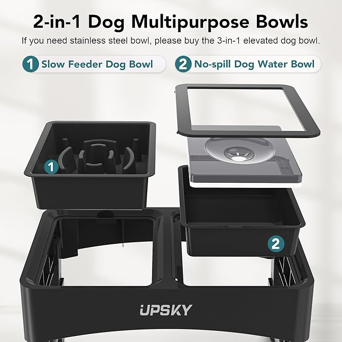 UPSKY 2-in-1 Elevated Bowls Slow Feeder, 4 Height Adjustable Raised Stand No Spill Water Dispenser, Anti-Slip Food and Water Bowl for Small Medium Dogs, Black