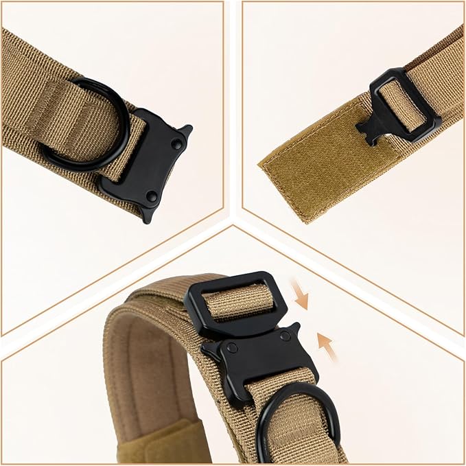 Tactical Dog Collar and Leash Set, Adjustable Military Nylon Dog Bungee Leash and Collar with Handle and Heavy Metal Buckle, Dog Training Collar Leash Set for Medium Large Dog (L, Brown)