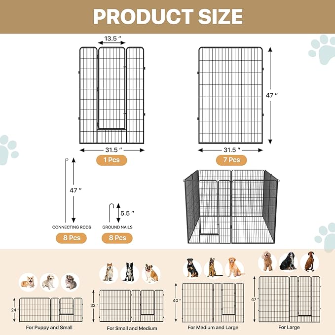 MoNiBloom Dog Playpen Outdoor, 47" Height 8 Panels Heavy Duty Metal Dogs Pen for Large/Medium/Small Animals Pet Exercise Pen for RV Camping Yard