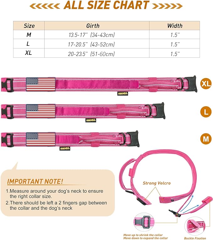 AUBELL Reflective Dog Collar, Tactical Dog Collar Adjustable Military Nylon Collars with Handle and Heavy Duty Metal Buckle for Medium Large Dogs, with 2 Patches and Airtag Case Holder (Pink, XL)