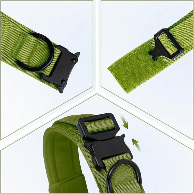 Tactical Dog Collar and Leash Set, Adjustable Military Nylon Dog Bungee Leash and Collar with Handle and Heavy Metal Buckle, Dog Training Collar Leash Set for Medium Large Dog (L, Green)