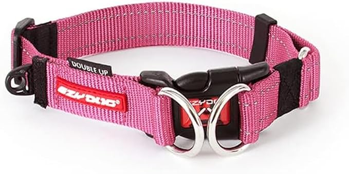 EzyDog Double Up Premium Nylon Dog Collar with Reflective Stitching - Double D-Rings for Superior Strength, Safety, and Comfortability - Non-Rusting and Includes an ID Attachment (Medium, Pink)