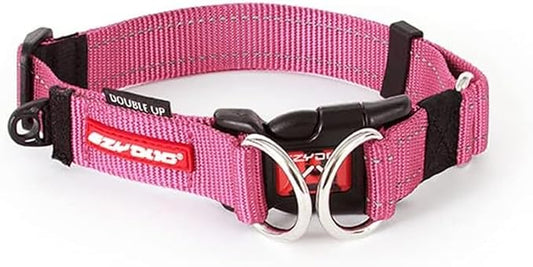 EzyDog Double Up Premium Nylon Dog Collar with Reflective Stitching - Double D-Rings for Superior Strength, Safety, and Comfortability - Non-Rusting and Includes an ID Attachment (Medium, Pink)