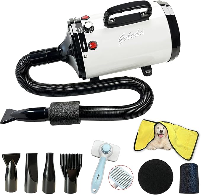 High Velocity Professional Dog Grooming Dryer,Adjustable Temperature and Speed Hair Dryer for Pets with 4 Nozzles