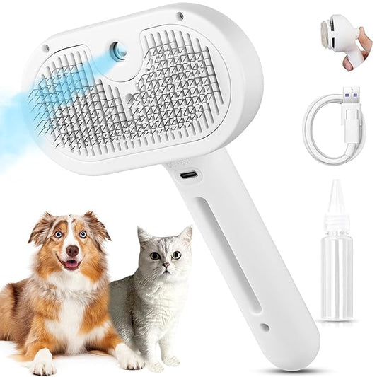 Cat Steam Brush,3 in 1 Pet Hair Removal Comb, Self-Cleaning Spray Cat Brush for Shedding,Steamy Pet Brush with Release Button and Tank - Suitable for Long and Short Hair Dogs and Cats, White