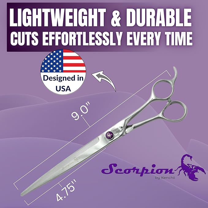 Kenchii Scorpion 9 Inch, Straight Grooming Scissors for Dogs and Pets - Premium Steel Scissors for Dog Grooming - Dog Shears Pet Grooming Accessories - Pet Hair Trimming Scissor