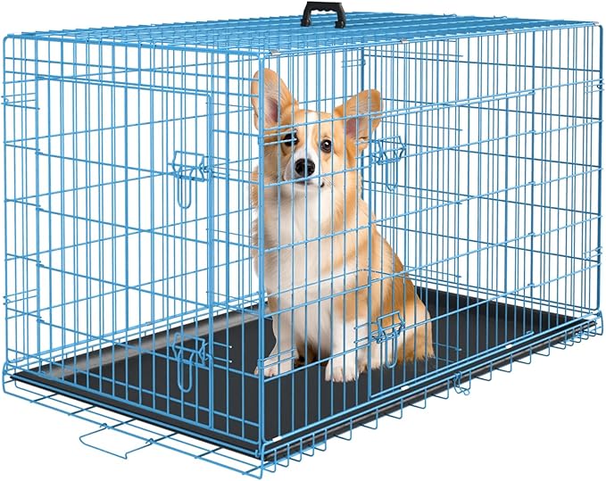 PayLessHere Large Dog Crate Kennel for Medium Large Dogs 30 inches Metal Dog Cage Double-Door Folding Travel Indoor Outdoor Puppy Playpen with Divider and Handle Plastic Tray,Blue