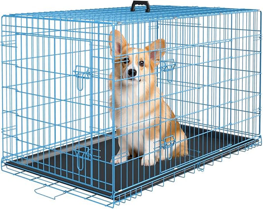 PayLessHere Large Dog Crate Kennel for Medium Large Dogs 30 inches Metal Dog Cage Double-Door Folding Travel Indoor Outdoor Puppy Playpen with Divider and Handle Plastic Tray,Blue