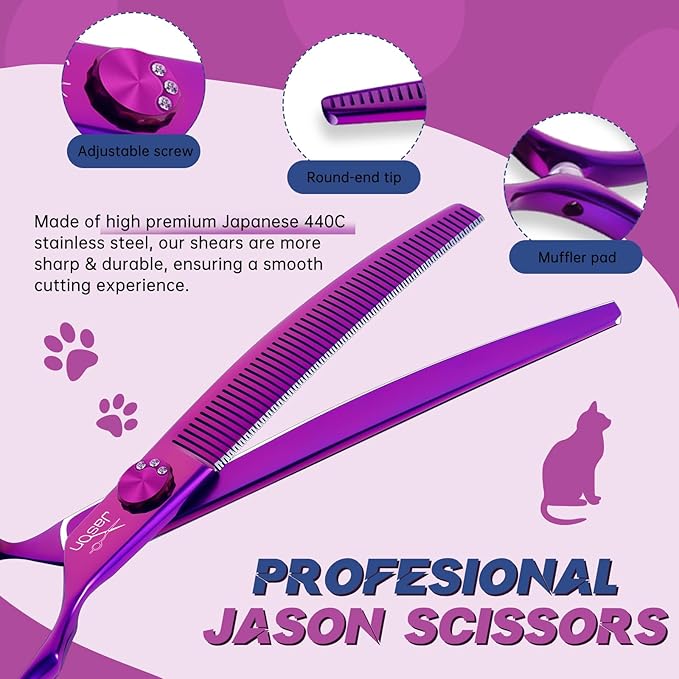 JASON 7" Curved Thinner Dog Scissors - Ergonomic Pet Scissors Purple Curved Blender Dog Shears 440C Stainless Steel Grooming Shears Professional Pet Shears For Groomer (52-Teeth, Down-curved)
