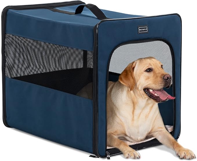 PETSFIT Portable Dog Crate, Dog Travel Crate - 31 Inch with Thicken Mat, Easy to Fold, Sturdy and Portable, Perfect for Traveling, Foldable Dog Crate Navy Blue