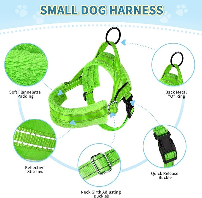 SlowTon No Pull Small Dog Harness and Leash Set, Puppy Soft Vest Harness Neck & Chest Adjustable, Reflective Lightweight Harness & Anti-Twist Pet Lead Combo for Small Medium Dogs(G,XXS)