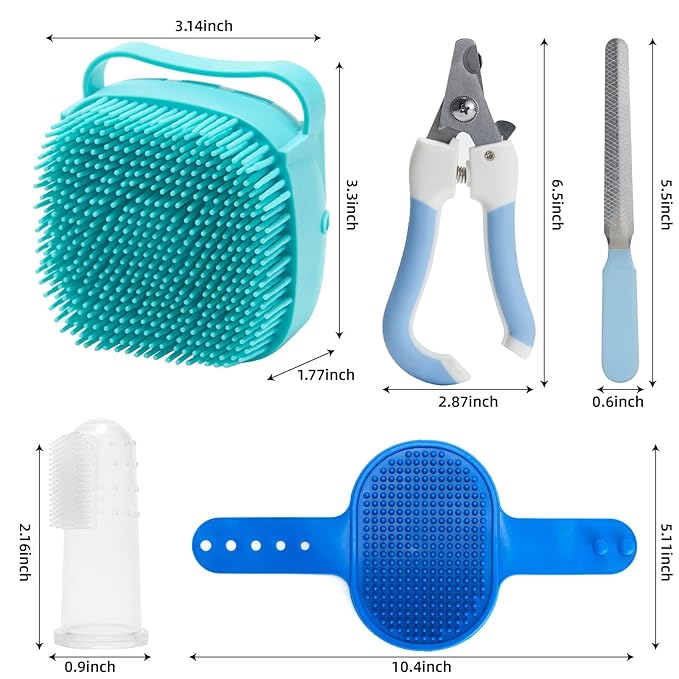 6Pcs Silicone Pet Grooming Set: Bath Massage Dispenser Brush, Finger Toothbrush, Nail Clippers and File for Dogs and Cats