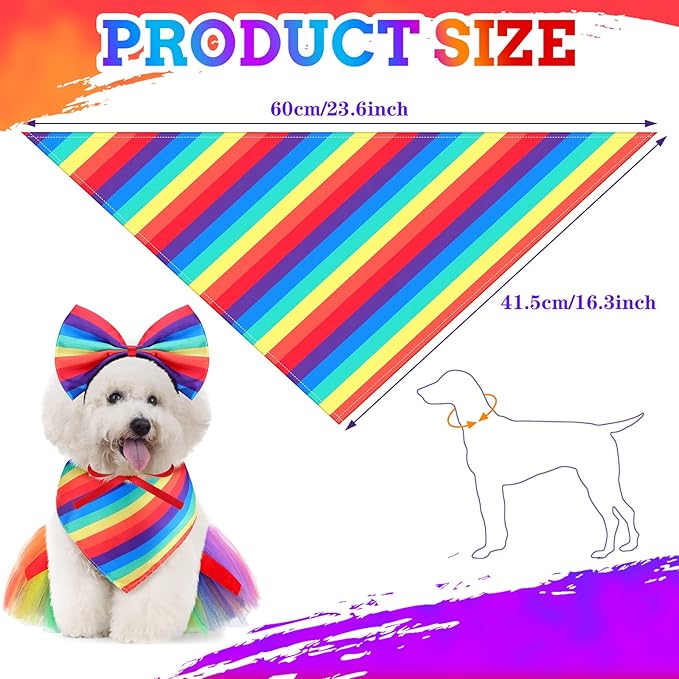 Amylove Dog Rainbow Bandana 3 Pcs Gay Pride Pet Costume Set Includes Bowknot Rainbow Headband Handkerchief and Cute Dog Tutu Pride Accessories for Small Medium Pets Dress Party