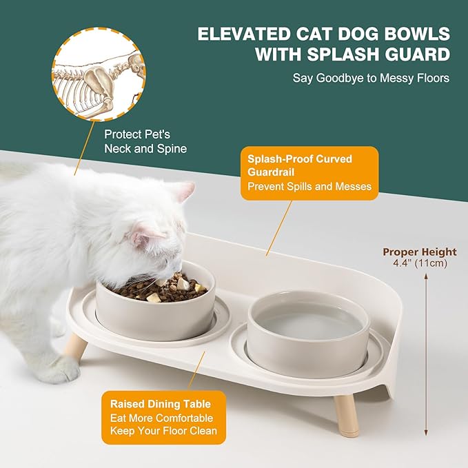 Elevated Ceramic Cat Bowl Set - Raised Double Dishes for Food & Water - Non-Slip Stand & Splash Proof - for Cats & Puppies - 2 x 480 ML - 16.23 OZ